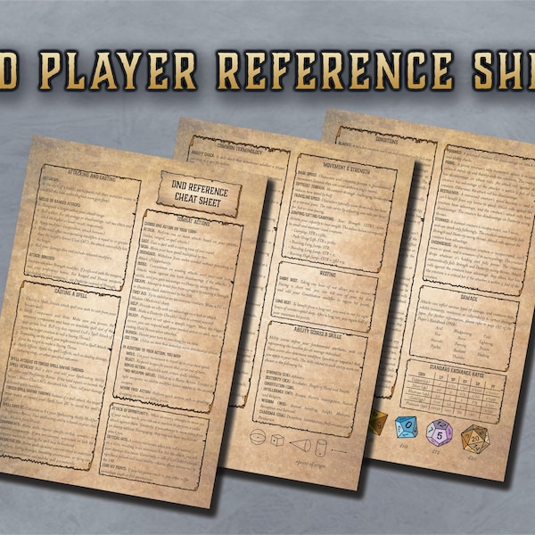 DnD Player Reference Cheat Sheet | Character Skill Cards | 5th edition board game | Printable | D&D Accessory