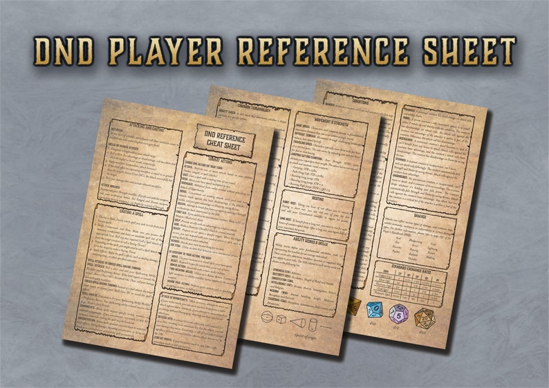 Dnd Player Reference Cheat Sheet Character Skill Cards 5th Edition Board Game Printable D&D