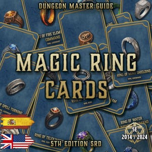 Op de afbeelding: Een verzameling blauwe kaarten met gouden randen met verschillende magische ringen. De kaarten zijn gelabeld met ringnamen en beschrijvingen. De tekst "MAGIC RING CARDS" is prominent aanwezig, met extra tekst die "5th Edition SRD" aangeeft.