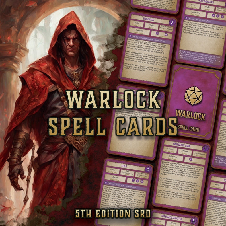 Dnd Warlock Spell Cards Character Spell Cards 5th Edition Board Game Printable Dnd Accessory