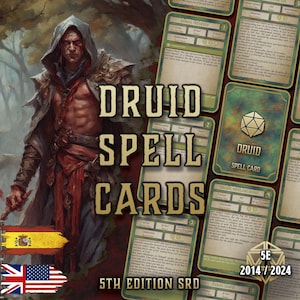 Peut inclure: Image promotionnelle pour les cartes de sorts de druide. L'image présente une illustration fantastique d'une figure vêtue d'une robe avec les mots "Druid Spell Cards" en grand texte. Plusieurs cartes de sorts sont visibles, ainsi que le texte "5th Edition SRD" et "5E 2014/2024".
