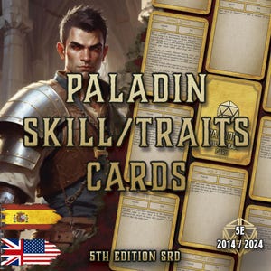 以下が含まれることがあります： ファンタジーアートの背景を持つパラディン スキル/特性カードのコレクション。カードは黄色で黒いテキストで、d20サイコロのグラフィックが特徴です。「5th Edition SRD」のテキストと「2014 / 2024」の年も表示されています。