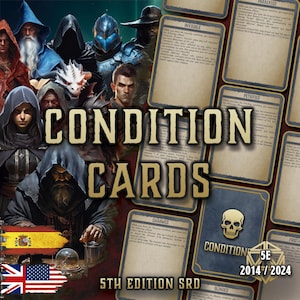 Puede incluir: Un conjunto de cartas de condición de fantasía con el texto "CONDITION CARDS" en letras doradas. Las cartas presentan varias condiciones como "INVISIBLE" y "CHARMED". La imagen incluye ilustraciones de personajes de fantasía y el texto "5TH EDITION SRD".