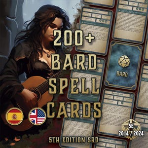 Cartas de Magia de Bardo DnD 5e para Imprimir | PDF de magia ilustrada para todas as campanhas de 2014 a 2024 | Páginas preenchíveis do livro de feitiços | Acessório Digital D&D