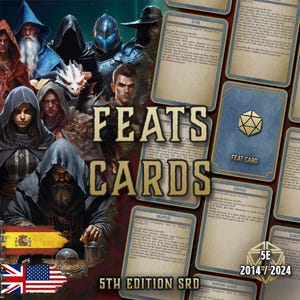 Puede incluir: Un producto de fantasía con una colección de cartas con el texto "FEATS CARDS" y "5TH EDITION SRD". La imagen incluye ilustraciones de varios personajes y un símbolo de dados. Las cartas están en inglés y español.