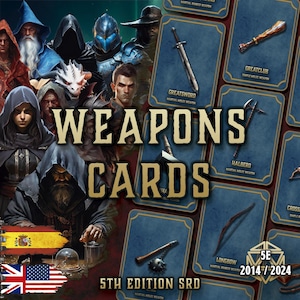 DnD 5E Weapons Cards | Equipment Reference | Printable PDF | Fillable | Accessories | Player and DM Tool | English and Spanish | 2014-2024