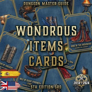 May include: A selection of blue cards with gold borders, showcasing fantasy item illustrations and text. The cards display the words "Wondrous Items Cards" and include the text "5th Edition SRD" and "Dungeon Master Guide".