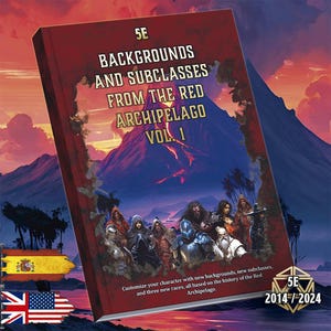 Puede incluir: Un libro de tapa dura rojo titulado "5E Backgrounds and Subclasses from the Red Archipelago Vol. 1" con una ilustración de fantasía. La portada presenta una montaña y arte de personajes. Texto: "Personaliza tu personaje con nuevos trasfondos, nuevas subclases y tres nuevas razas."