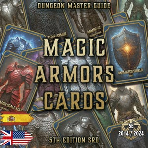 May include: A collection of fantasy-themed cards titled "Magic Armors Cards" with various armor illustrations. The cards are surrounded by a blue border and feature text such as "Dungeon Master Guide" and "5th Edition SRD".