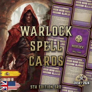 Peut inclure: Illustration d'un personnage en robe avec le texte "Warlock Spell Cards". Plusieurs cartes de sorts violettes sont visibles, avec le texte "5th Edition SRD" et l'année "2014/2024".