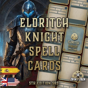 Könnte beinhalten: Bild von "Eldritch Knight Spell Cards" mit einem Ritter in Rüstung. Die Karten haben ein Vintage-Design. Der Text "5th Edition SRD" und die Jahre "2014 / 2024" sind ebenfalls sichtbar. Die spanische und amerikanische Flagge befinden sich in der unteren linken Ecke.