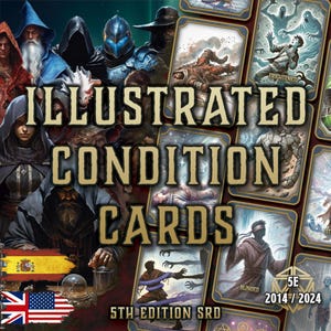 Puede incluir: Cartas de condición ilustradas con arte de fantasía. Las cartas presentan varias condiciones como "Frightened" y "Blinded". El texto "5th Edition SRD 2014/2024" también es visible. La imagen tiene un tema oscuro y aventurero.