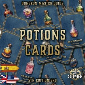 May include: A set of blue potion cards with illustrations of potion bottles. The cards display text including "Potions Cards", "Oil of Sharpness", and "5th Edition SRD". The image also features the flags of the United Kingdom and Spain.