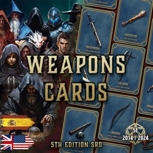 DnD 5E Weapons Cards | Equipment Reference | Printable PDF | Fillable | Accessories | Player and DM Tool | English and Spanish | 2014-2024