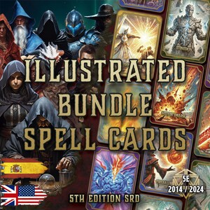 Puede incluir: Un conjunto ilustrado de cartas de hechizos con arte de fantasía. Las cartas presentan hechizos como "Piel de piedra" y "Lluvia de meteoros". La imagen incluye el texto "Illustrated Bundle Spell Cards" y "5th Edition SRD."
