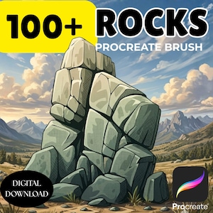 Può includere: Grafica per il download digitale con una grande formazione rocciosa stilizzata in tonalità di grigio e verde, ambientata su uno sfondo di montagne e cielo. Il testo include "100+ ROCKS Procreate Brush" e "DOWNLOAD DIGITALE". Un'icona dell'app Procreate è in basso a destra.