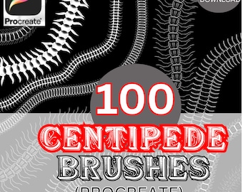May include: Digital download graphic featuring 100 centipede brushes for Procreate. The image has a black and gray background with white centipede illustrations. The text includes "100 CENTIPEDE BRUSHES (PROCREATE)" in red and white.