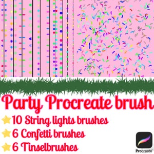 May include: A digital illustration of 22 Procreate brushes for creating party decorations. The brushes include 10 string lights, 6 confetti, and 6 tinsel brushes. The brushes are shown on a pink background with a green border.