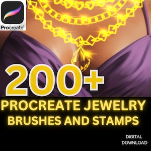Può includere: Grafica digitale con il logo dell'app Procreate, una collana d'oro scintillante e il testo "200+ Procreate Jewelry Brushes and Stamps". L'immagine ha uno sfondo viola e un'etichetta "Digital Download".