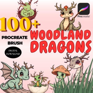 Peut inclure: Image numérique avec des dragons des bois de dessin animé. Le texte indique "100+ Procreate Brush" et "Woodland Dragons". Les dragons ont des bois et des ailes, sur fond rose.