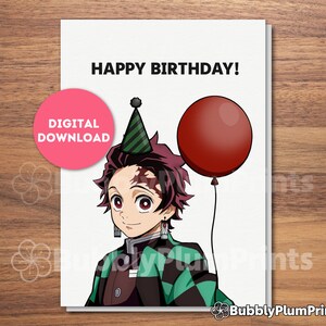 AFDRUKBARE leuke anime gelukkige verjaardagswenskaart, Tanjiro, Hashira Card, cadeau voor hem/haar en familie, Instant Download, 5 x 7