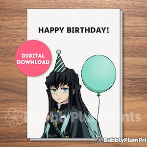 Biglietto di auguri di buon compleanno anime carino STAMPABILE, biglietto kawaii Muichiro Mist Hashira, regalo per lui/lei e famiglia, download immediato, 5x7