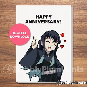 印刷可能なかわいいアニメのハッピーアニバーサリーグリーティングカード、かわいい霧柱無一郎カード、彼/彼女と家族へのギフト、即時ダウンロード、5x7