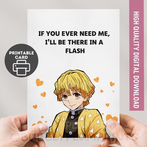 Pode incluir: Cartão imprimível com um personagem de anime com cabelo amarelo e uma jaqueta amarela estampada. O cartão diz: "SE VOCÊ PRECISAR DE MIM, ESTAREI LÁ EM UM FLASH" com corações laranja. Download digital.