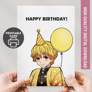 Pode incluir: Um cartão de aniversário com um personagem de anime com cabelo amarelo, usando um chapéu de festa e uma jaqueta amarela estampada. Um balão amarelo está ao lado do personagem. O cartão diz "HAPPY BIRTHDAY!" e inclui um ícone "PRINTABLE CARD".