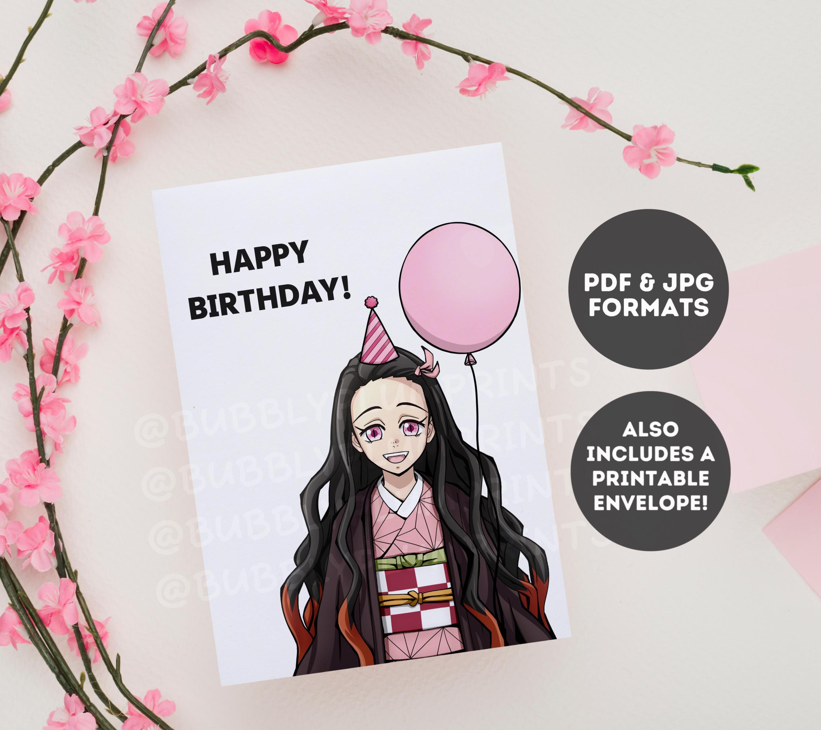 PRINTABLE Cute Anime Happy Birthday Greeting Card | Kawaii Demon Nezuko ...