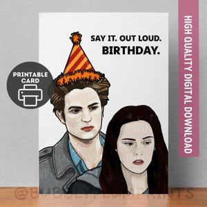 Puede incluir: Una tarjeta de cumpleaños imprimible con ilustraciones de dibujos animados de dos personas. La tarjeta tiene el texto "SAY IT. OUT LOUD. BIRTHDAY." Una persona lleva un gorro de fiesta. Una pancarta vertical rosa dice "HIGH QUALITY DIGITAL DOWNLOAD."