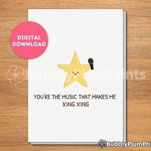 AFDRUKBARE Chinese woordspeling minimalistische wenskaart, bekentenis liefde, schattige stermuziek, cadeau voor hem/haar en familie, Instant Download, 5 x 7