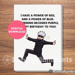 Cartão de feliz aniversário engraçado de anime para impressão, cartão de feiticeiro Gojo, professor de violino, presente para ele/ela e família, download instantâneo, 5x7