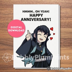 印刷可能なかわいいアニメのハッピーアニバーサリーグリーティングカード、かわいい霧柱無一郎カード、彼/彼女と家族へのギフト、即時ダウンロード、5x7