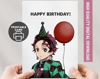 Tarjeta de felicitación de cumpleaños de anime para imprimir / Linda tarjeta de Tanjiro Slayer / Regalo otaku perfecto para él y su familia / Descarga instantánea 5x7