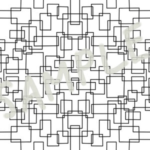 Puede incluir: Patrón geométrico negro de cuadrados superpuestos sobre un fondo blanco. La palabra "SAMPLE" está superpuesta en un color gris claro. El diseño es un patrón repetitivo de líneas negras que forman cuadrados de varios tamaños.