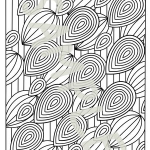 May include: Black and white abstract line art print with a pattern of overlapping teardrop shapes. The shapes are filled with concentric circles.