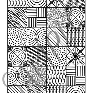 May include: A black and white geometric pattern with 16 different designs. Each design is a square with a unique pattern, including circles, lines, and waves.