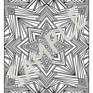 May include: A black and white geometric pattern with a star in the center. The pattern is made up of lines and squares.