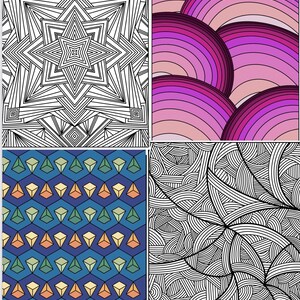 May include: A digital collage of four different patterns. The top left pattern is a black and white geometric design. The top right pattern is a pink and purple design with overlapping semi-circles. The bottom left pattern is a blue and green geometric design with overlapping triangles. The bottom right pattern is a black and white design with overlapping lines.