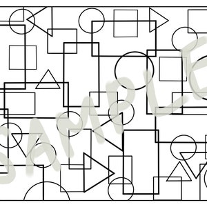 May include: Black and white geometric shapes, including circles, squares, and triangles, are layered on top of each other to create a complex pattern.