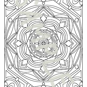 Puede incluir: Un diseño de mandala intrincado en blanco y negro con formas geométricas y patrones. El diseño es simétrico y presenta un círculo central con líneas y curvas radiantes.