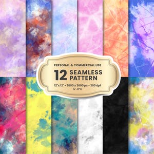 May include: A collection of 12 seamless patterns with watercolor textures in various colors, including purple, orange, blue, and pink. The patterns are 12" x 12" and suitable for personal and commercial use. The image includes the text "12 SEAMLESS PATTERN".