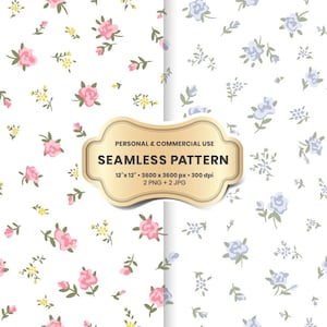 Könnte beinhalten: Nahtloses Muster mit rosa, gelben und blauen floralen Elementen auf weißem Hintergrund. Das Design enthält den Text "SEAMLESS PATTERN" und Abmessungen von 30.48 cm x 30.48 cm.