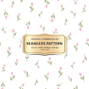 Floral seamless pattern of ditsy hand draw style. Beautiful cute small tiny pink tulip flowers with leaves. Digital Graphic Design Print