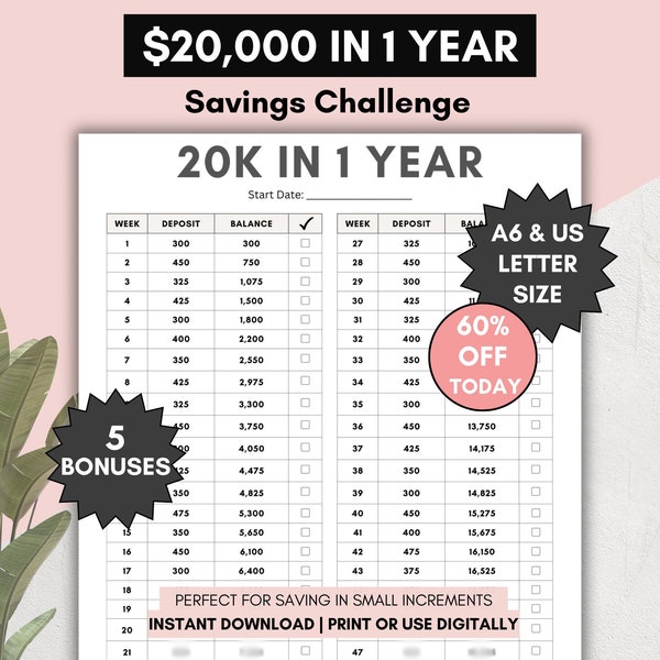 20000 in 1 year savings challenge, 20k in 52 weeks challenge worksheet, save money in small amounts over the course of a year, pdf