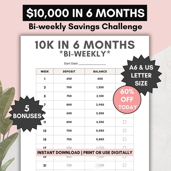 10k bi-weekly savings challenge, save 10000 in 6 months biweekly worksheet, money saving tracker, print or use digitally, pdf download