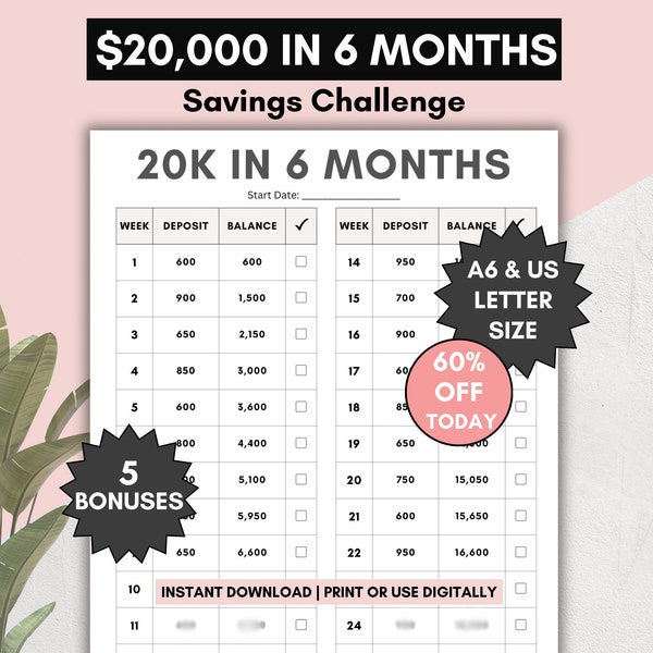 20000 Savings Challenge 20k in 6 Months Challenge Savings Tracker 26 Weeks Money Challenge Digital OR Printable PDF