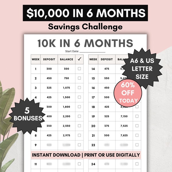 10,000 savings challenge, save 10k in 6 months, 26 weeks savings challenge, saving money worksheet, print or use digitally