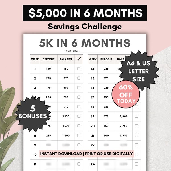 5000 savings challenge worksheet, save 5k in 6 months months, 5k in 26 weeks money saving tracker